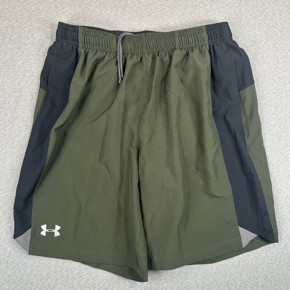 Under Armour Running Shorts Mens Medium Military Green Black Loose Fit HeatGear